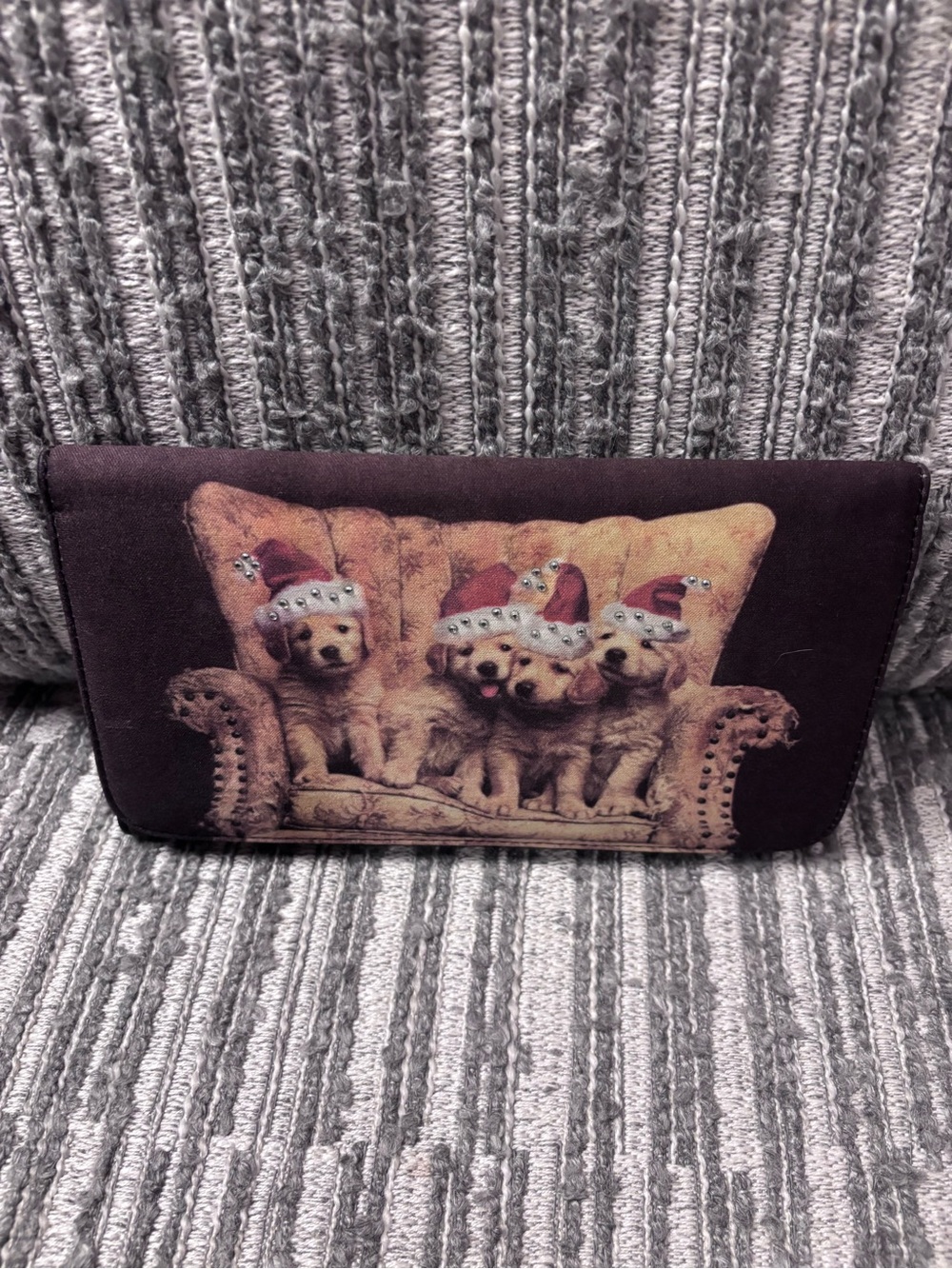 Holiday Puppy Fold-Over Clutch in Brown and Cream